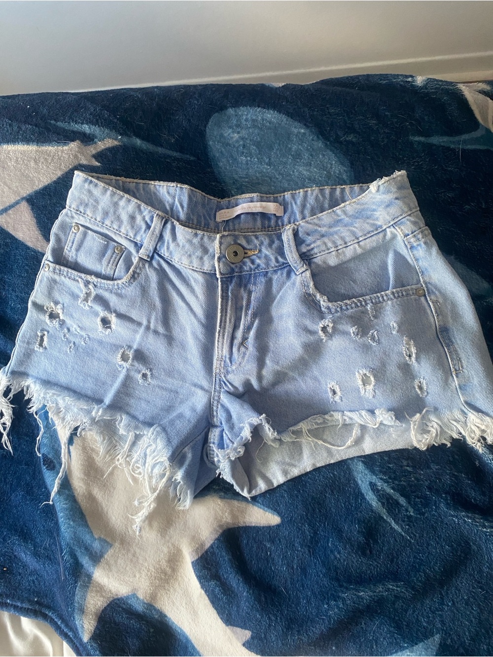 Zara Light Blue Distressed Denim Shorts